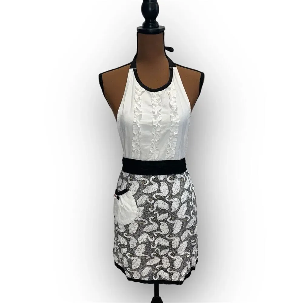 Simply Whimsical Swan Print Apron, Ruffled Bib 100% Cotton, Women’s One Size